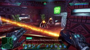 System Shock immersive sim screenshot of first-person combat with mutants and SHODAN message in neon sci-fi corridor