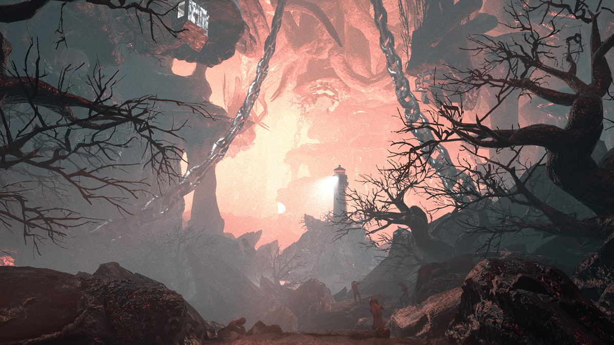 Twisted landscape with glowing red sky, dead trees, and distant lighthouse in Silent Hill f