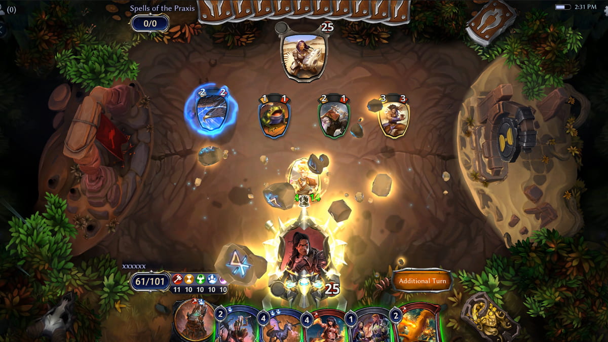 A digital card game screen showing a vibrant forest-themed battlefield. Two players face off with life points at 25 each
