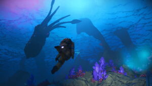Diver explores deep ocean with giant sea creatures