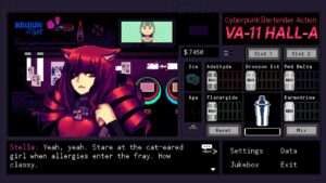 VA-11 Hall-A scene with cat-eared girl Stella at the bar interface.