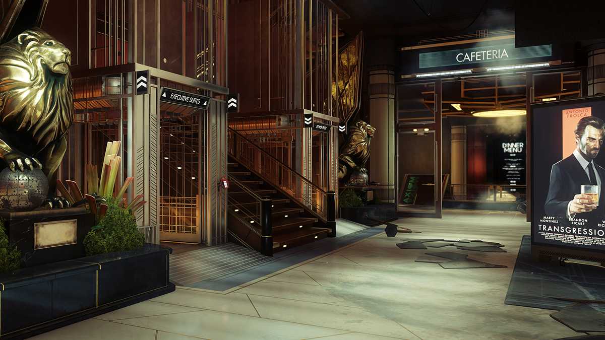 Immersive sim game setting with golden lion statue and futuristic lobby interior