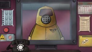 Cartoon character in a gas mask holding a telephone, conveying a sense of urgency and concern.
