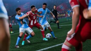 Bayern Munich vs Manchester City match in EA Sports FC 26, showcasing Ultimate Team competition.