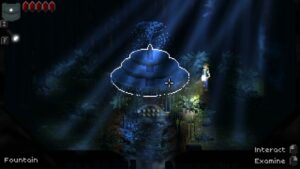 A glowing blue fountain in a dark forest, with beams of light illuminating the area and a character standing nearby, exploring.
