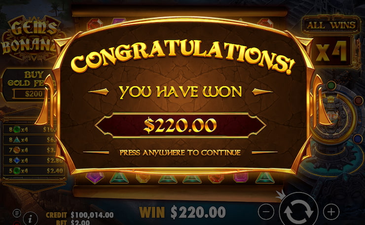 $220 win in Gems Bonanza slot