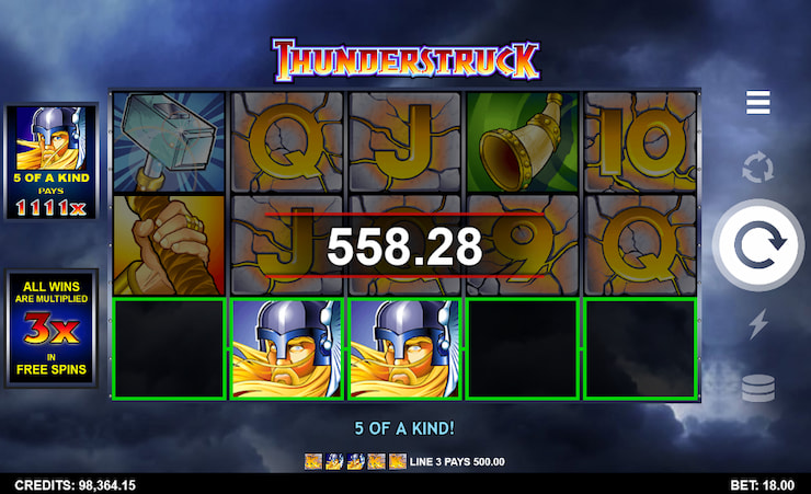$558 reward in Thunderstruck slot for a 5 of a kind win