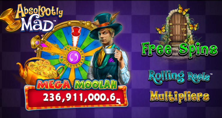 Multiple bonus features, including a progressive jackpot in the Absolootly Mad Mega Moolah online slot