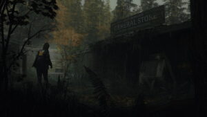 FBI agent exploring a rainy forest near an abandoned store in Alan Wake 2