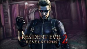 Albert Wesker from Resident Evil wearing black tactical gear and sunglasses, standing confidently in a dim mansion.