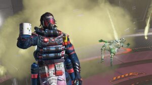 Caustic holds a mug amid toxic gas with a defeated opponent nearby