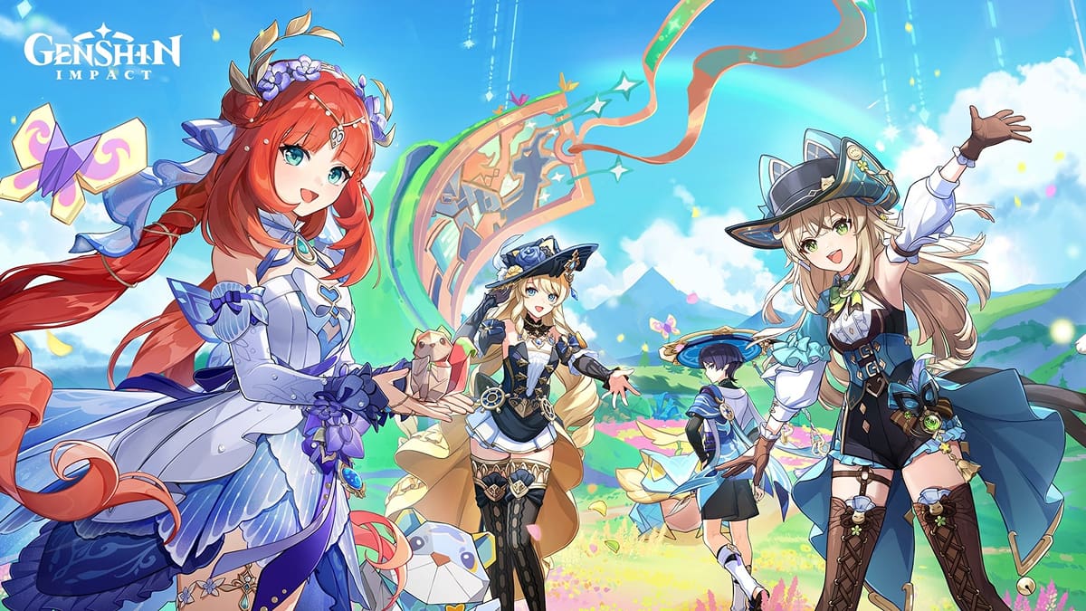 Colorful characters celebrating in a vibrant scene from Genshin Impact
