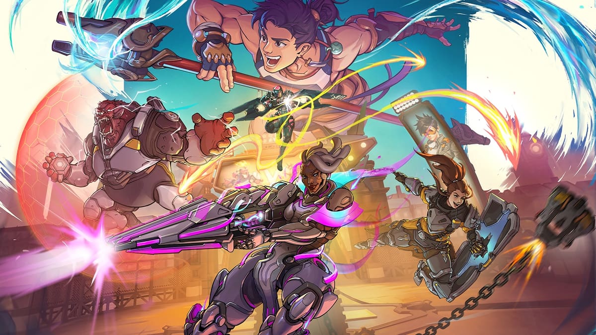 Dynamic Overwatch 2 heroes clash in an intense fight with colorful energy effects and futuristic weapons