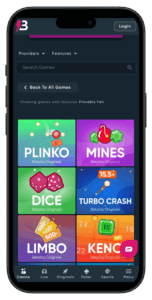 Betplay casino's provably fair game library showing Plinko, Mines, Dice and more games available.