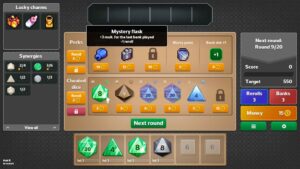 Dice Dice Baby gameplay screen showing perks and cheated dice shop between rounds.