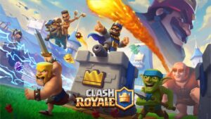 Clash Royale characters charge into battle with spells and troops flying across the arena