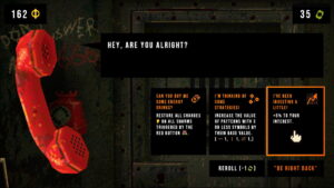 Dialogue screen in CloverPit showing a red phone offering player upgrade options and strategy choices