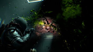 Player aiming at a mutant creature in Cronos: The New Dawn inside a dark sci-fi corridor