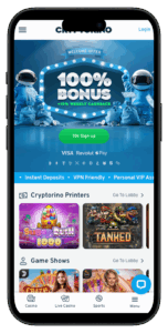 Landing page of Cryptorino casino featuring a 100% for crypto deposits and a range of games.