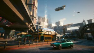 Futuristic city scene in Cyberpunk 2077 with flying cars and neon signs