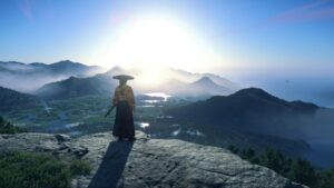 Atsu overlooking the sunrise and vast landscapes of Ezo in Ghost of Yotei