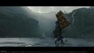 A figure wades through a shallow river, carrying a large, heavy stack of packages on their back in Death Stranding
