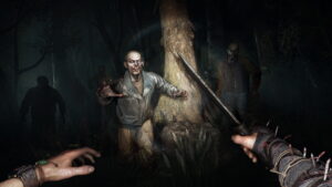 A survivor confronts approaching zombies in the dark woods of Dying Light: The Beast