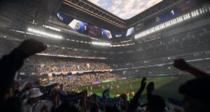 Real Madrid fans cheer in a packed stadium during an intense EA FC 26 match