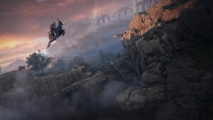 Rider jumps across cliffs on Torrent in Elden Ring