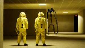 Two people in yellow hazmat suits face a tall shadowy entity inside The Backrooms’ dim yellow-lit halls