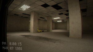 A dimly lit corridor with yellow walls and flickering lights inside The Backrooms