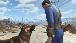 Survivor with dog in Fallout 4 wasteland