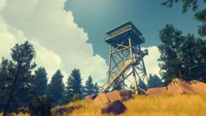 A wooden watchtower stands tall among pine trees under a partly cloudy sky in Firewatch