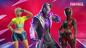 Three Fortnite characters pose against a red background with lightning effects