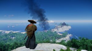 Warrior overlooks burning coast in Ghost of Tsushima