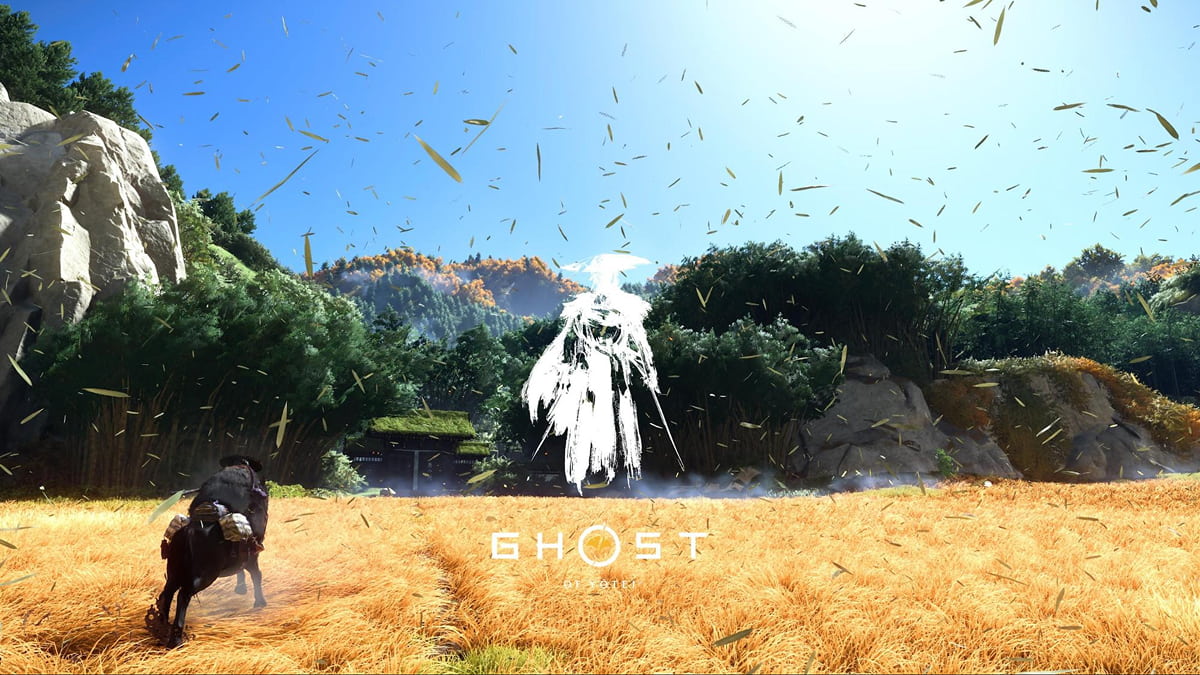 Promotional image showing Atsu riding through golden fields beneath the Ghost of Yotei logo