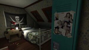 Gone Home game scene with cozy attic bedroom features a pirate flag, twin bed with checkered blanket