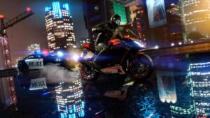 Motorcyclist flees from police in Grand Theft Auto V night scene