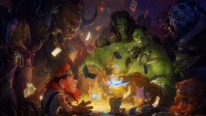 Fantasy characters from Hearthstone gather around a table, casting spells and playing cards in a magical tavern setting