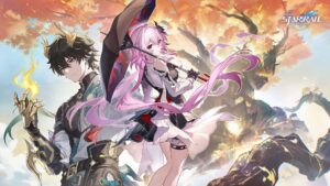 Two Honkai: Star Rail characters stand before a glowing autumn tree
