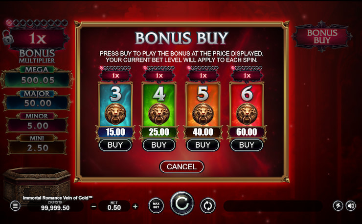 Immortal Romance Vein of Gold slot Bonus Buy options
