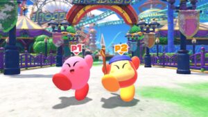 Kirby and Bandana Waddle Dee run joyfully through an amusement park in Kirby and the Forgotten Land