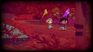 Nessa and Demelza ride their bikes through a colorful forest in Knights and Bikes