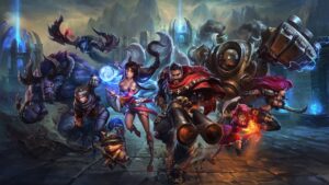 A team of League of Legends champions charging into battle in a fantasy arena