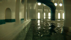 An empty tiled swimming area reflecting light in a Backrooms-inspired liminal space