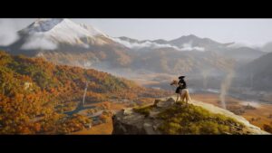 A samurai on horseback overlooks a vast valley and mountains in Ghost of Yotei