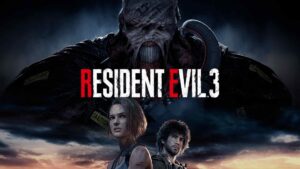 Nemesis from Resident Evil 3 towering over Jill Valentine and Carlos Oliveira, with the ruined city behind them.