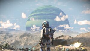 Astronaut observes distant planet in No Man’s Sky