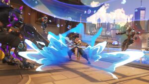 Hanzo unleashes his powerful dragon spirit attack in Overwatch 2, sending a surge of blue energy through enemy players on a futuristic map