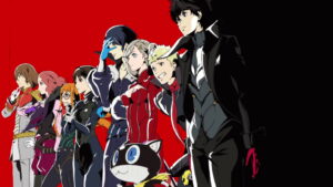The Phantom Thieves team poses together in Persona 5’s signature red and black style